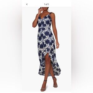 Chi Chi London Lucille Embroidered Blue and White Asymmetrical High-Low Dress